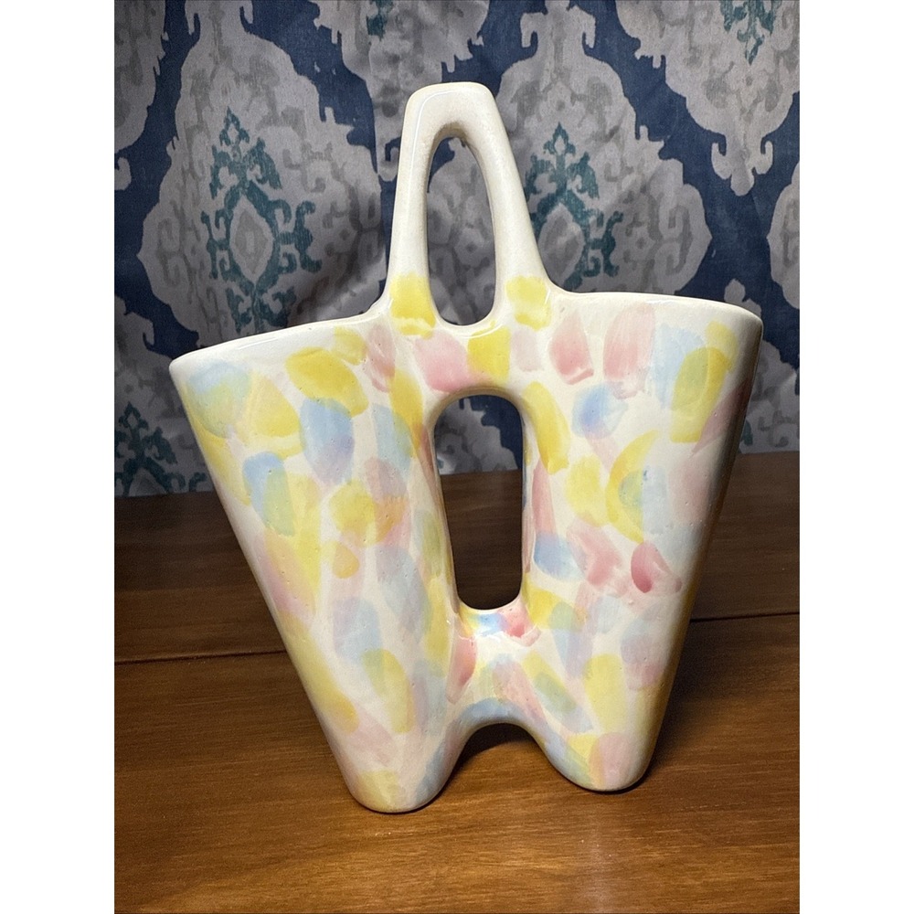 Vtg 1986 Handmade Studio Ceramic Double Vase Signed Pastel Easter‎ Colors